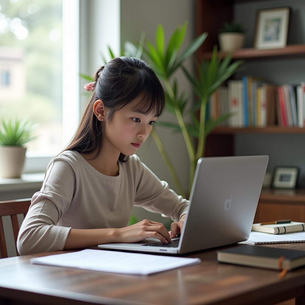 Học sinh đang học trực tuyến trên laptop thể hiện tầm quan trọng của giáo dục trực tuyến trong IELTS Writing Task 2