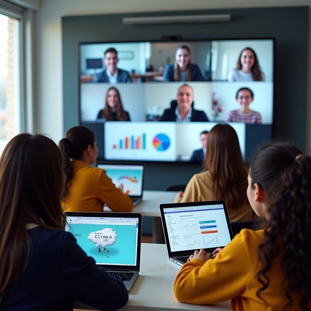 Học sinh từ nhiều quốc gia hợp tác thực hiện dự án khoa học qua video conference trong lớp học hiện đại