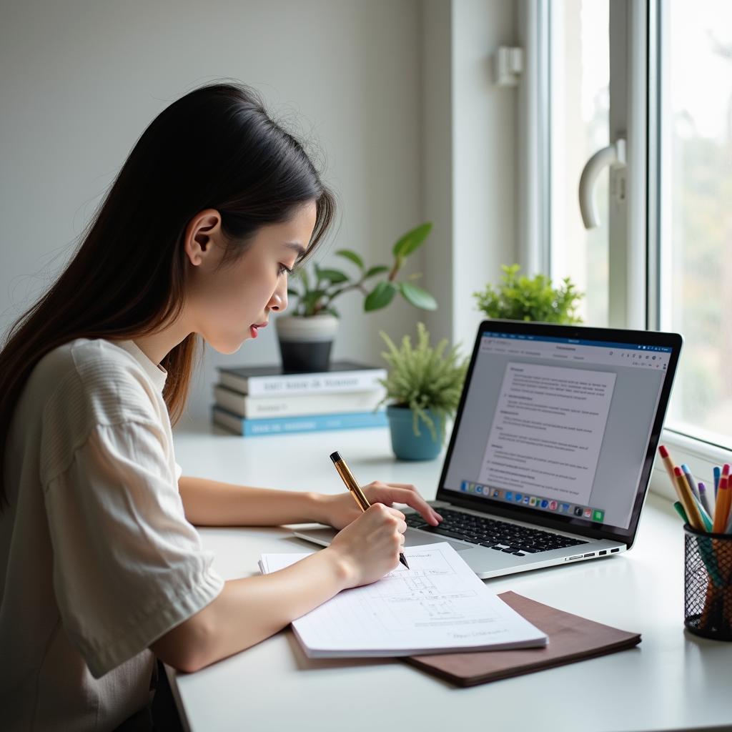 Học sinh đang lên kế hoạch viết bài luận IELTS với sổ tay và máy tính