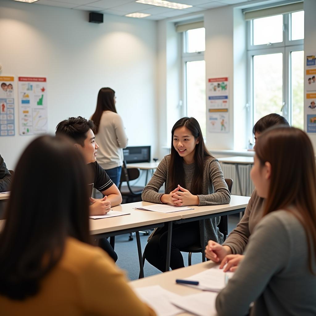 Học viên luyện tập kỹ năng IELTS Speaking với giáo viên và bạn học trong lớp học