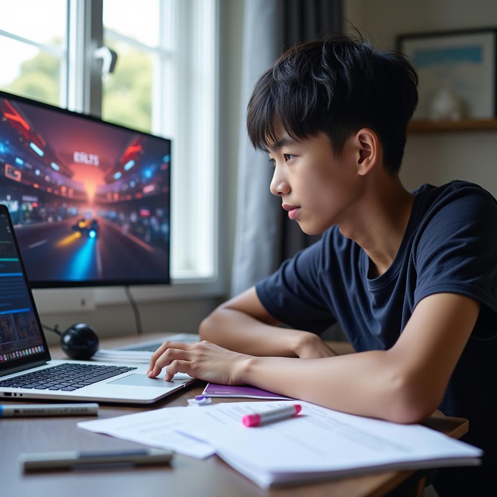 Học sinh đang luyện đề thi IELTS Reading về chủ đề thể thao điện tử với tài liệu và máy tính