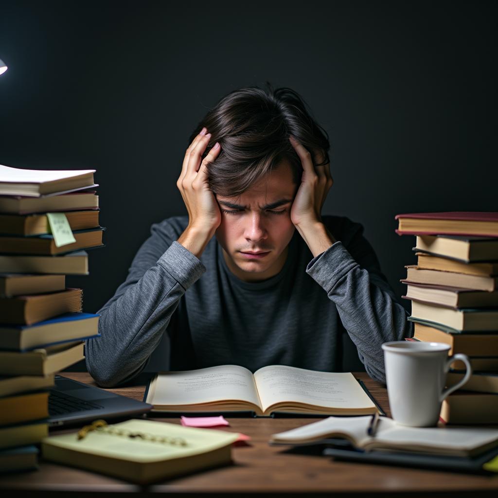 Học sinh trông mệt mỏi và căng thẳng với đống sách vở và deadline bài tập