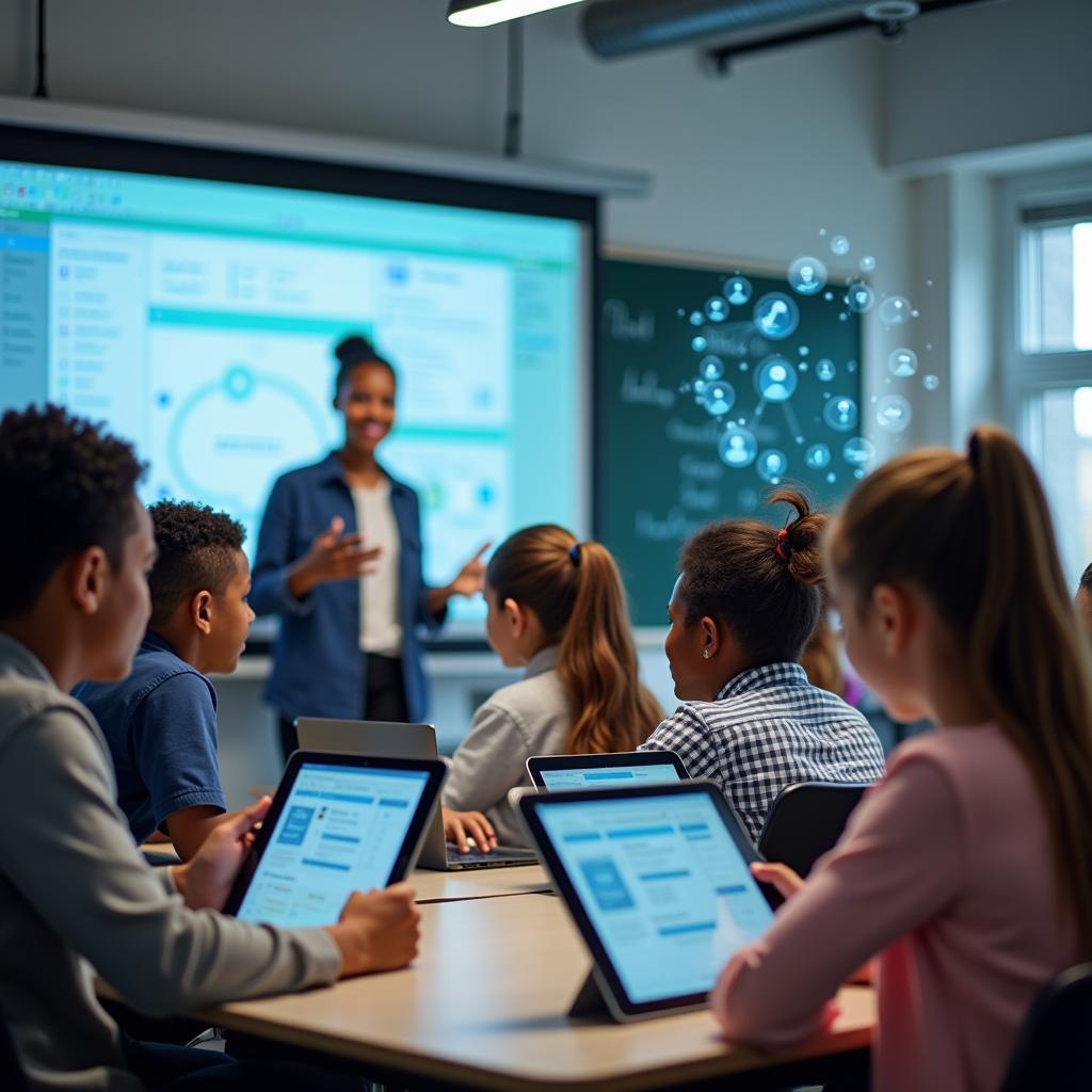 Học sinh sử dụng trí tuệ nhân tạo trong lớp học hiện đại để cải thiện trải nghiệm học tập cá nhân hóa
