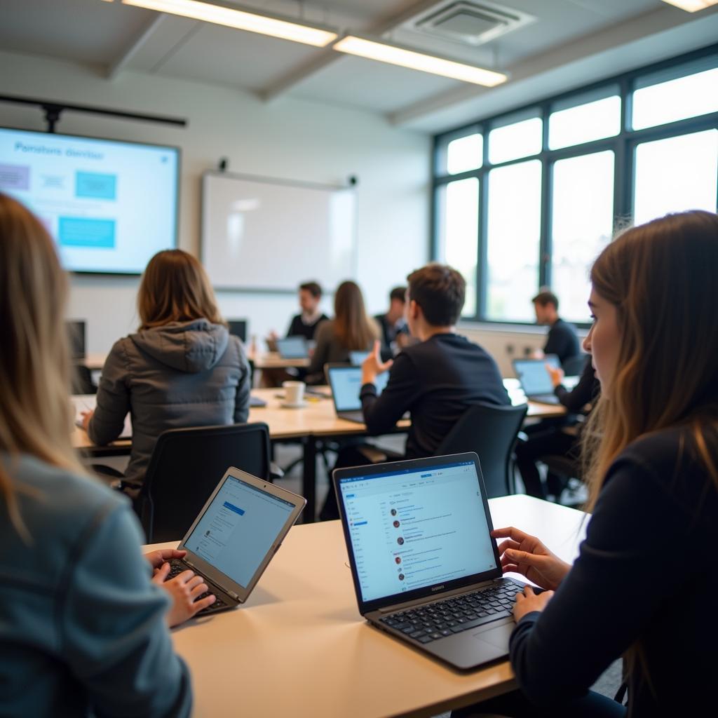 Học sinh sử dụng công nghệ trong lớp học IELTS hiện đại với máy tính bảng và màn hình tương tác