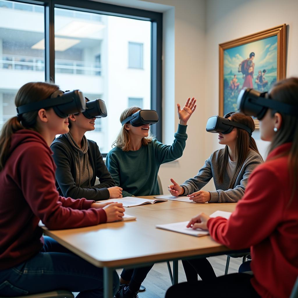 Học sinh đeo kính thực tế ảo đang trải nghiệm phòng trưng bày nghệ thuật số trong môi trường giáo dục hiện đại