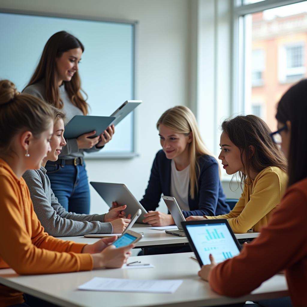 Học sinh sử dụng máy tính bảng và công nghệ số trong lớp học hiện đại