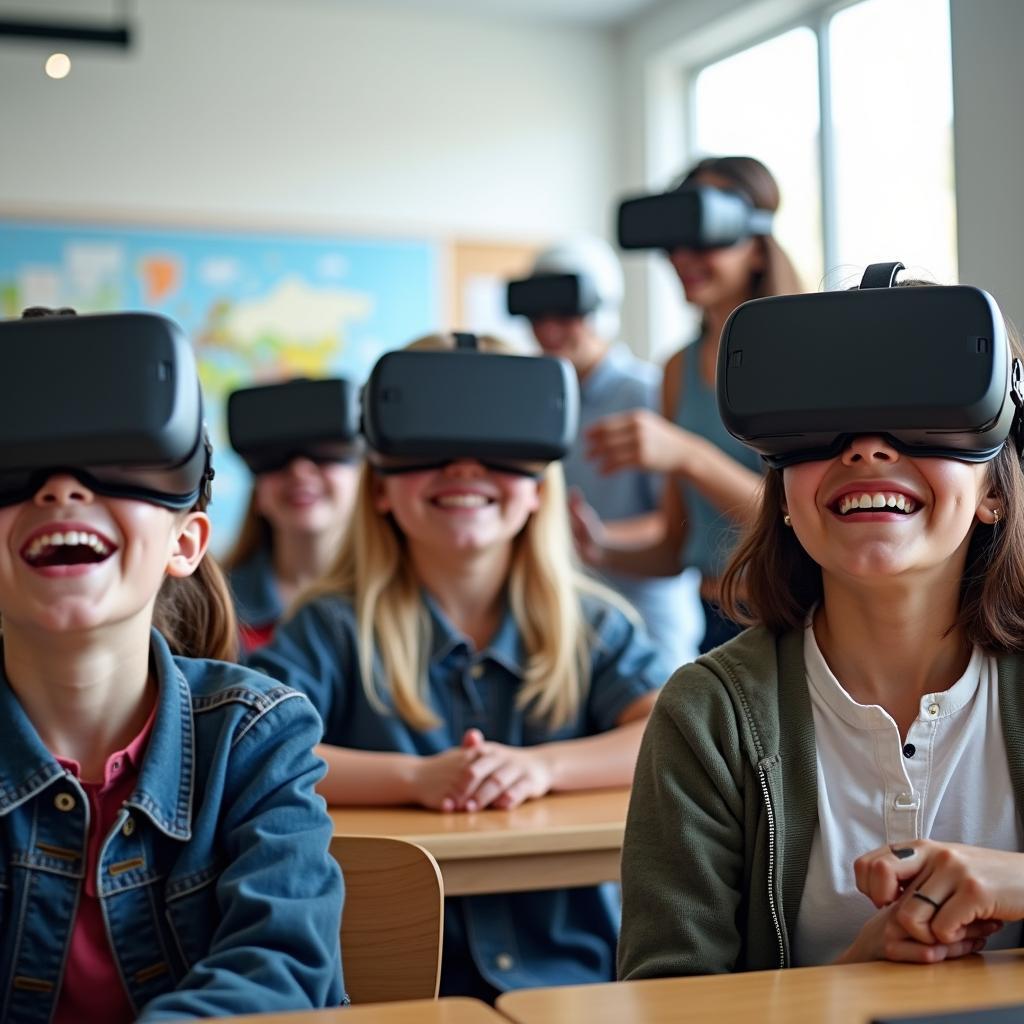 Học sinh đeo kính thực tế ảo VR đang trải nghiệm bài học công nghệ giáo dục hiện đại trong lớp học