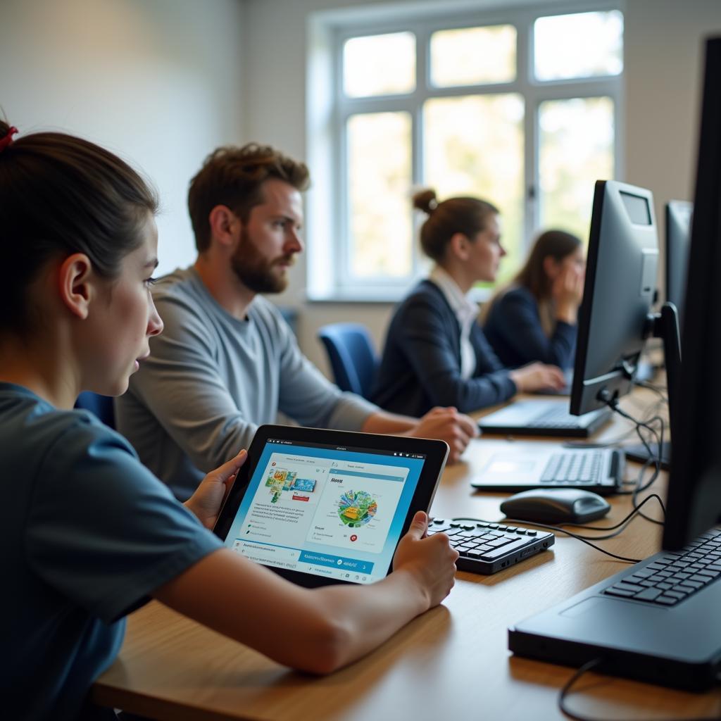 Học sinh tập trung học tập với thiết bị công nghệ trong môi trường lớp học được quản lý tốt