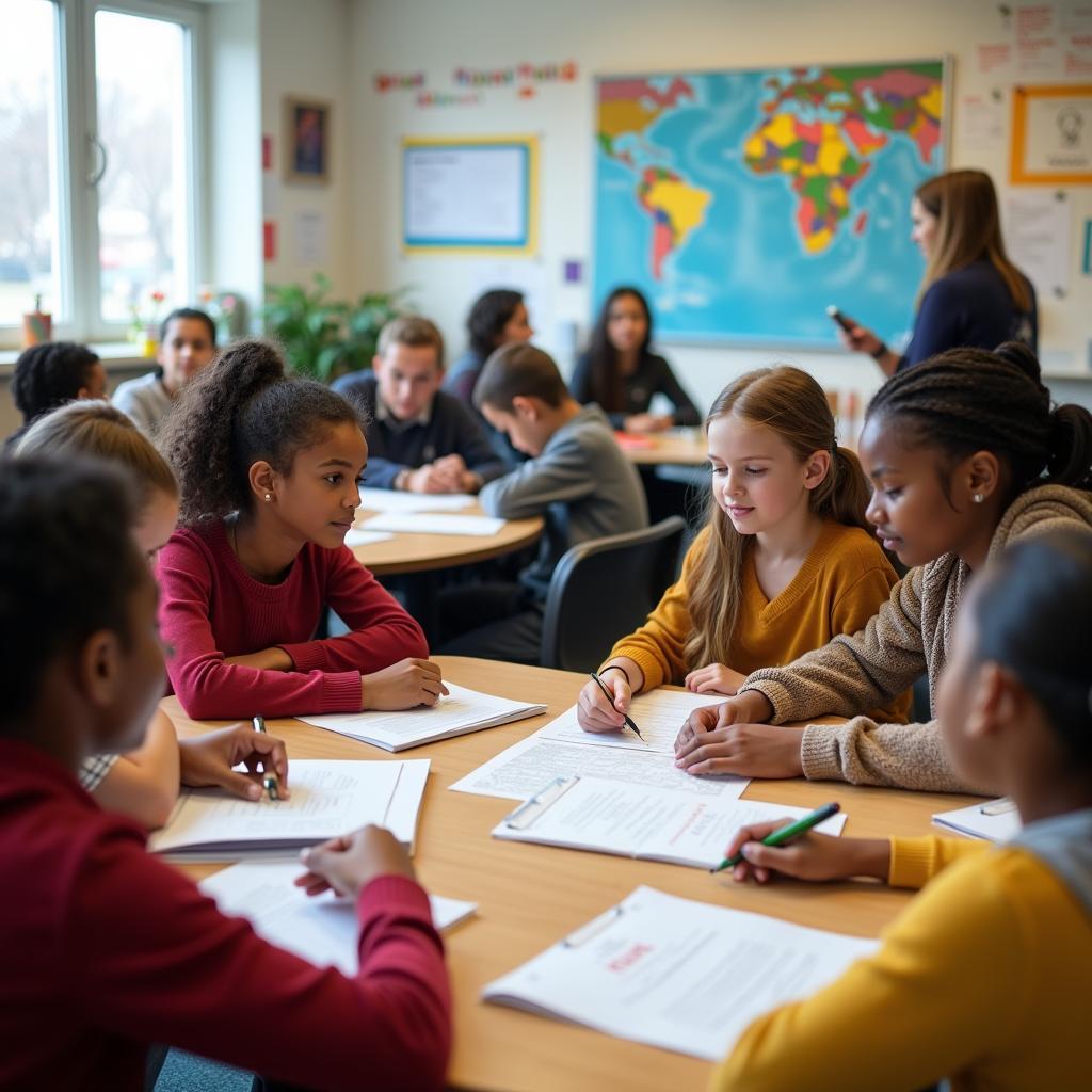 Học sinh tham gia chương trình giáo dục đa văn hóa với hoạt động thảo luận nhóm và trao đổi kinh nghiệm