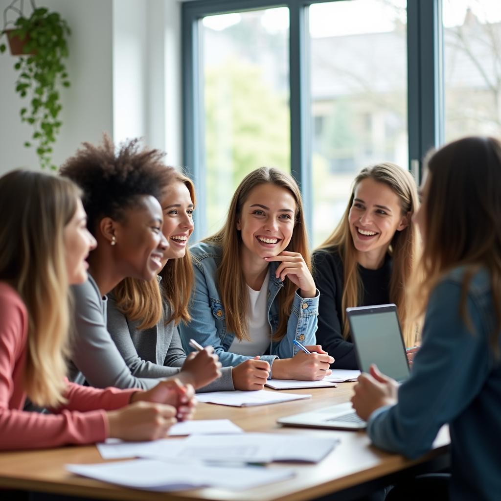 Học sinh thảo luận nhóm tại lớp học minh họa không khí học tập sôi nổi trong IELTS Speaking chủ đề memorable day at school