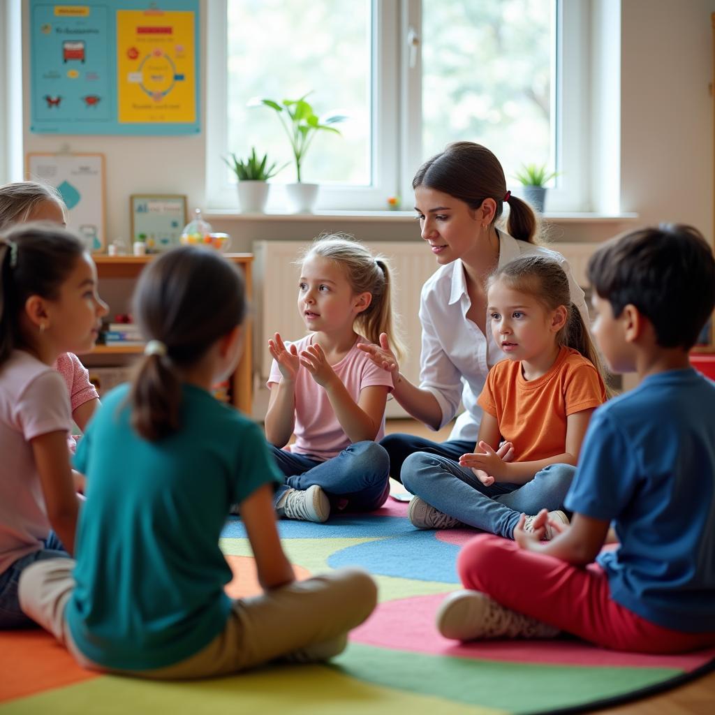 Học sinh tiểu học thực hành kỹ năng giải quyết xung đột trong lớp học với giáo viên hướng dẫn