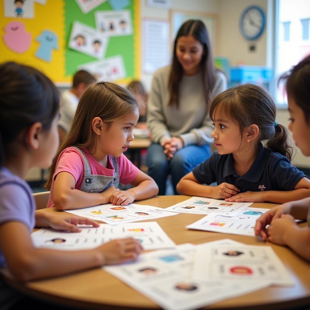 Nhóm học sinh tiểu học thực hành kỹ năng đồng cảm thông qua hoạt động nhóm