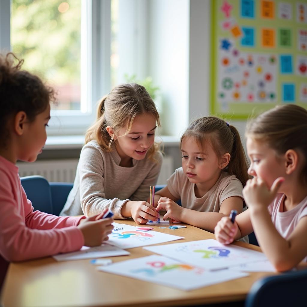 Học sinh tiểu học học ngoại ngữ trong lớp với giáo viên chuyên nghiệp, minh họa lợi ích học sớm