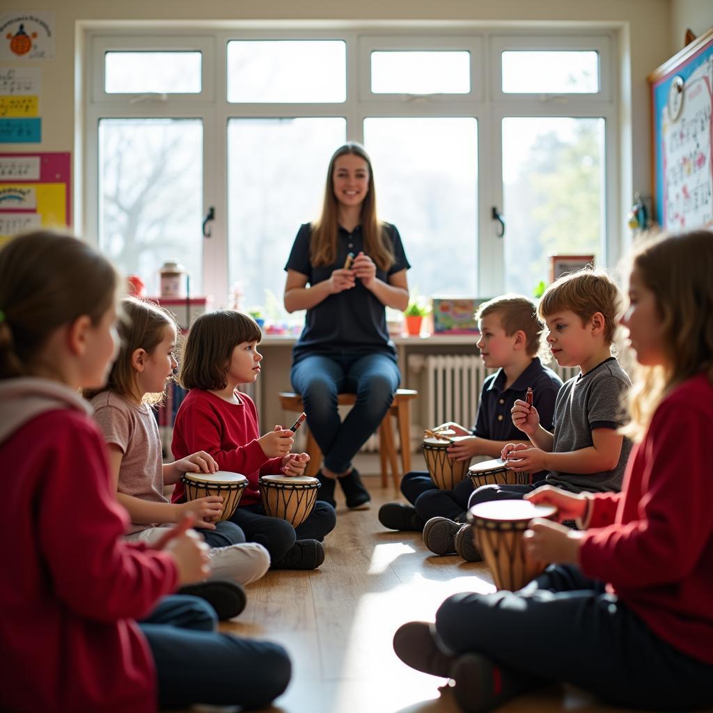 Học sinh tiểu học học nhạc dân gian truyền thống trong lớp học hiện đại với nhạc cụ truyền thống