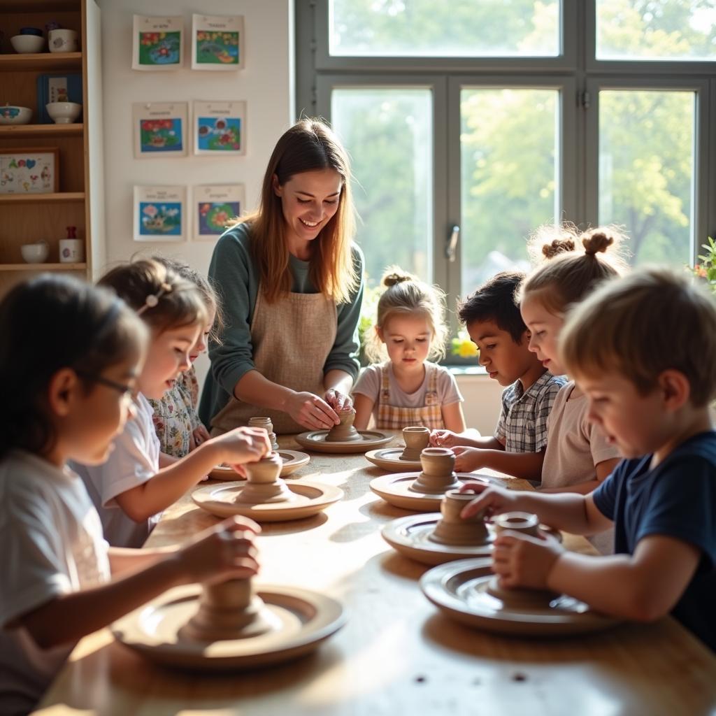 Học sinh tiểu học đang học làm đồ gốm thủ công truyền thống trong lớp nghề