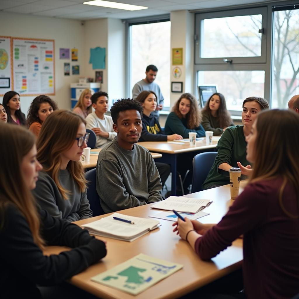 Học sinh trao đổi thảo luận trong lớp học về chủ đề giáo dục IELTS Speaking Part 1