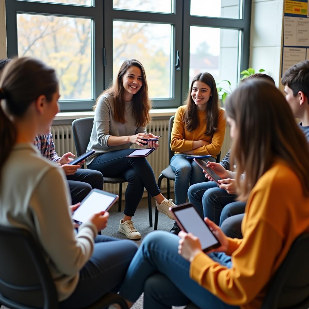 Nhóm học sinh đang thảo luận và chia sẻ kinh nghiệm về việc sử dụng mạng xã hội trong lớp học