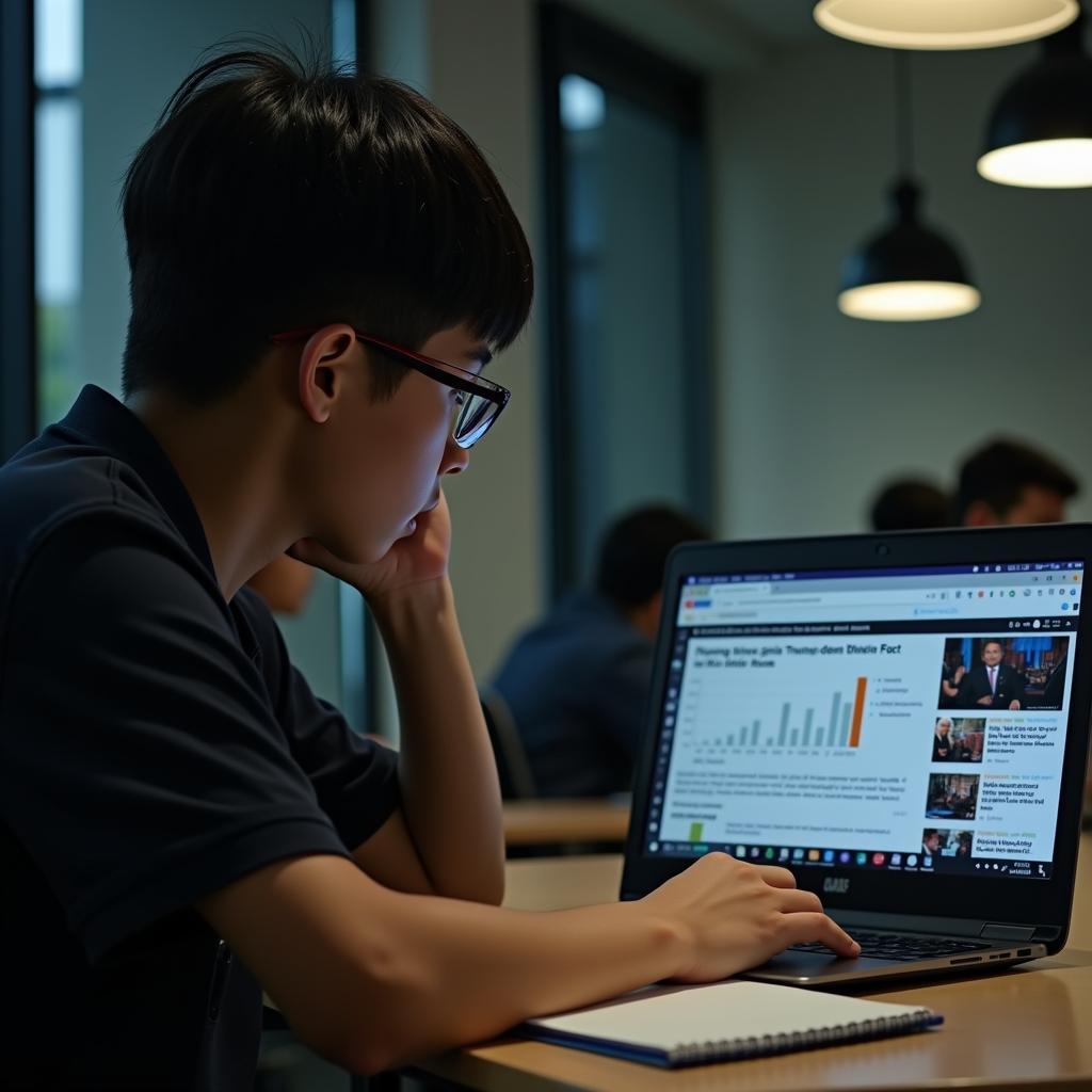 Hình ảnh học sinh trung học thực hành kỹ năng hiểu biết truyền thông để chống lại tin giả.