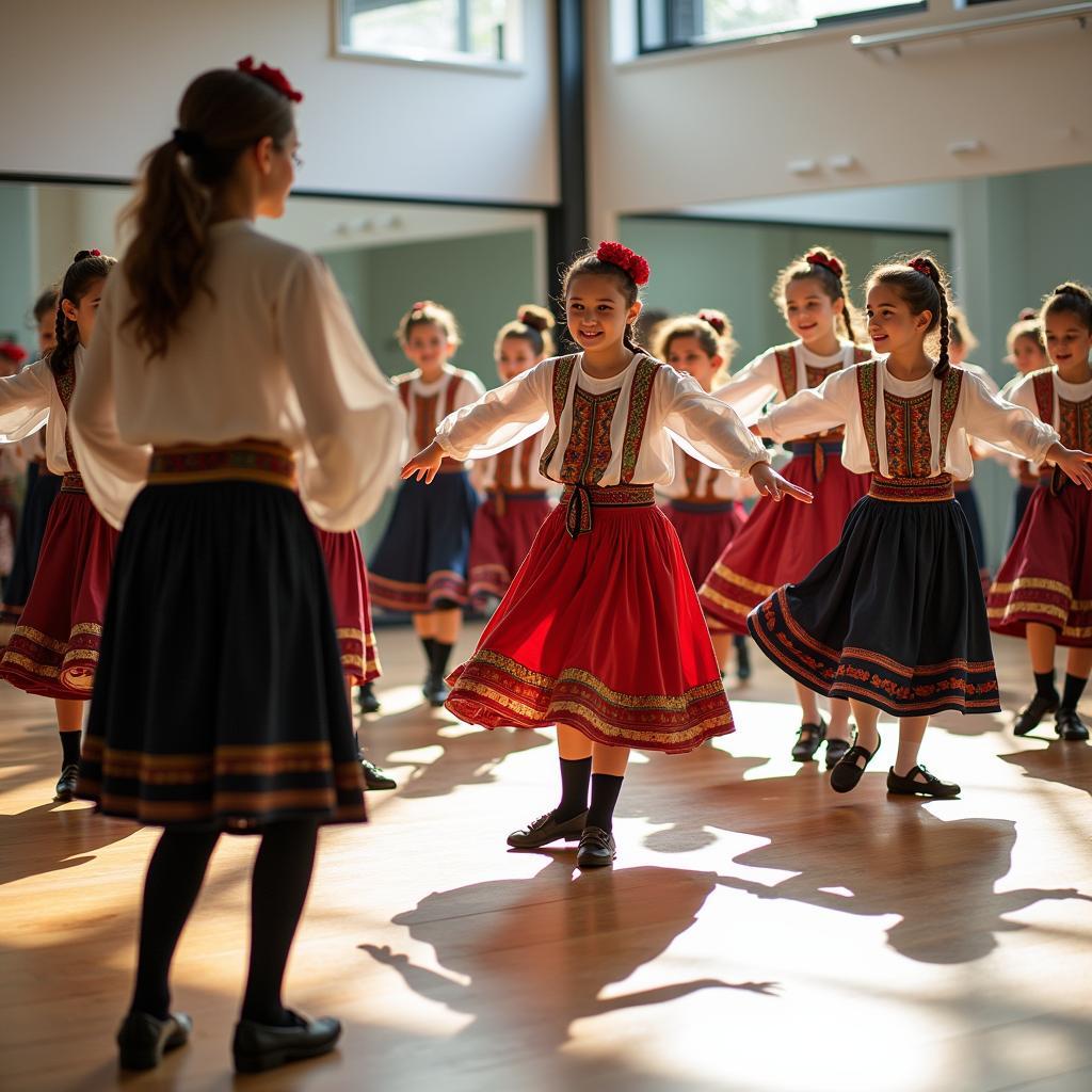 Học sinh trung học thể hiện động tác múa truyền thống trong phòng tập hiện đại với trang phục văn hóa