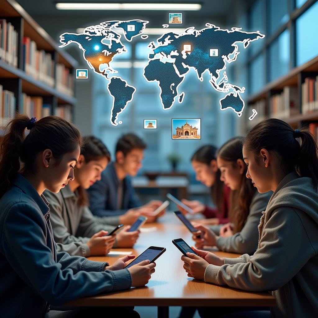 Sinh viên sử dụng thiết bị di động để nghiên cứu văn hóa với công nghệ học tập hiện đại và ứng dụng tương tác