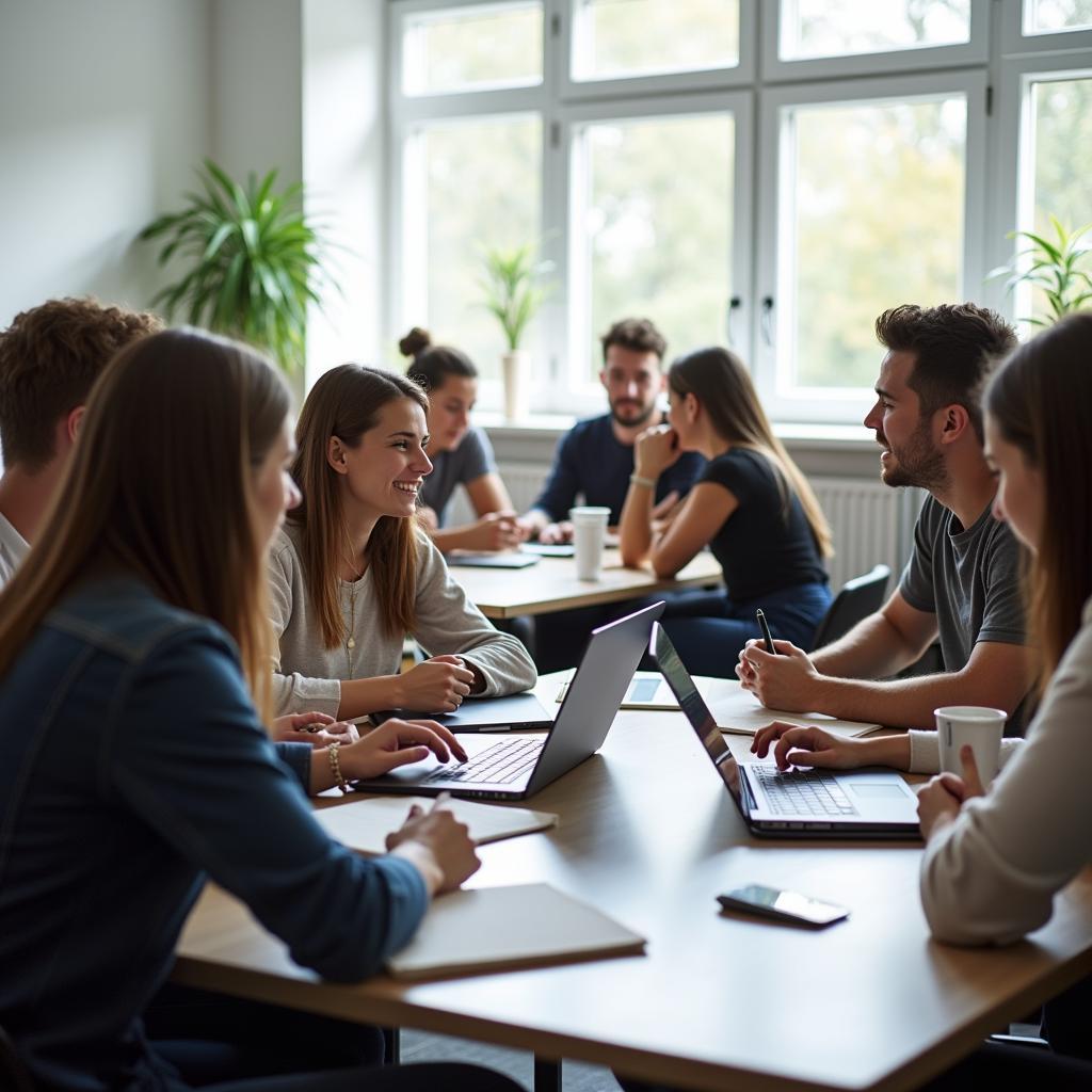 Sinh viên đang thực hành học tập hợp tác trong lớp học hiện đại với IELTS Reading