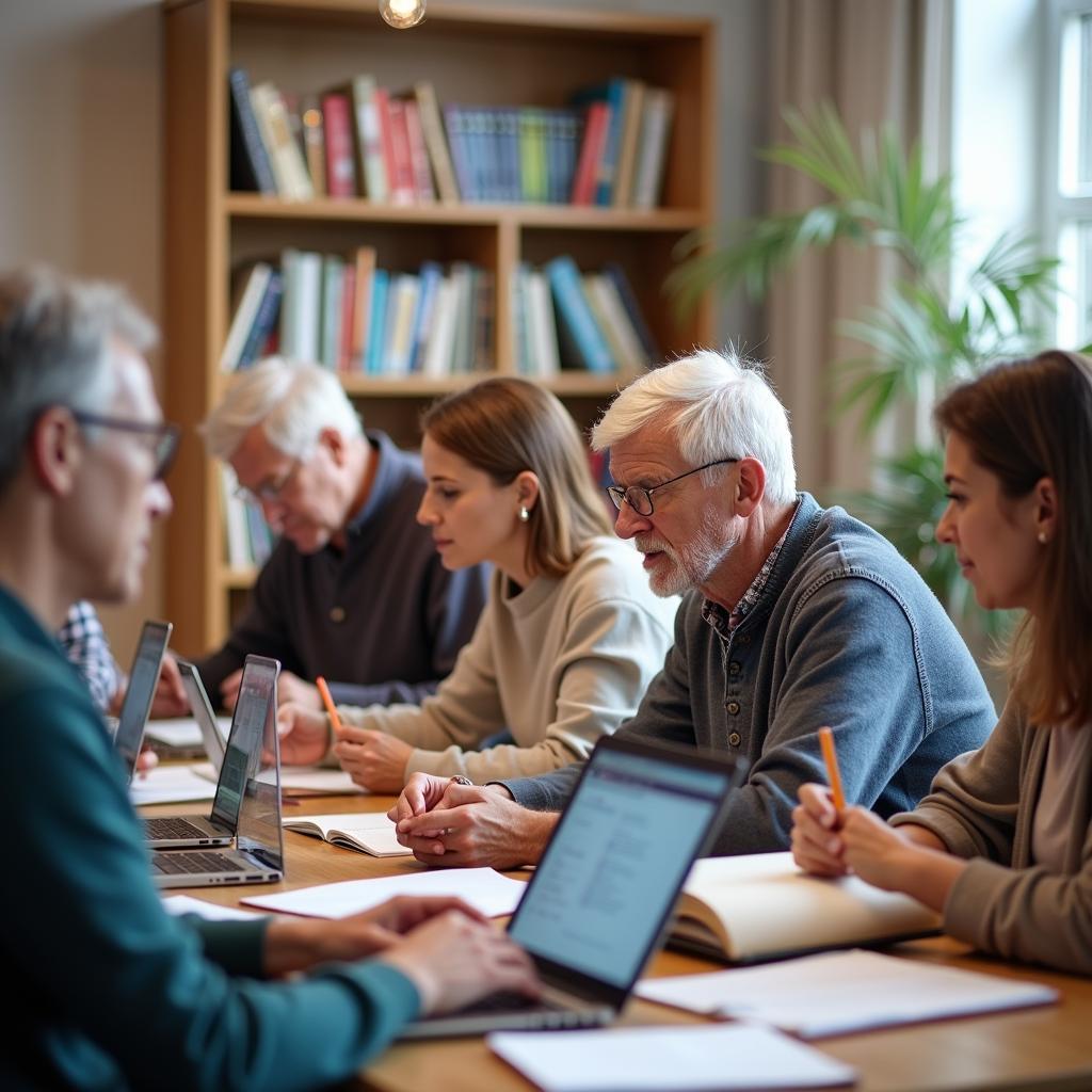 Người trưởng thành từ nhiều lứa tuổi tham gia các hoạt động học tập khác nhau trong một không gian học tập chung