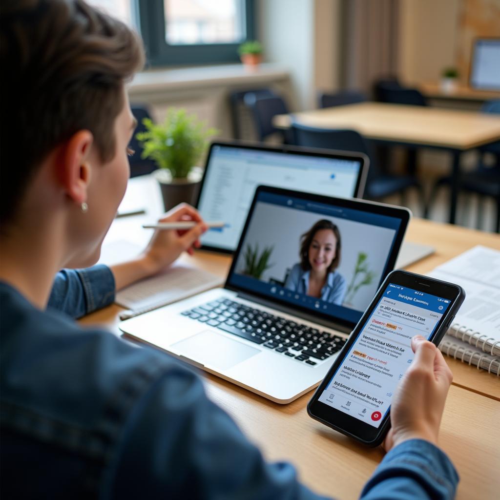 Người học đang sử dụng nhiều thiết bị công nghệ để học tập trực tuyến với các ứng dụng giáo dục