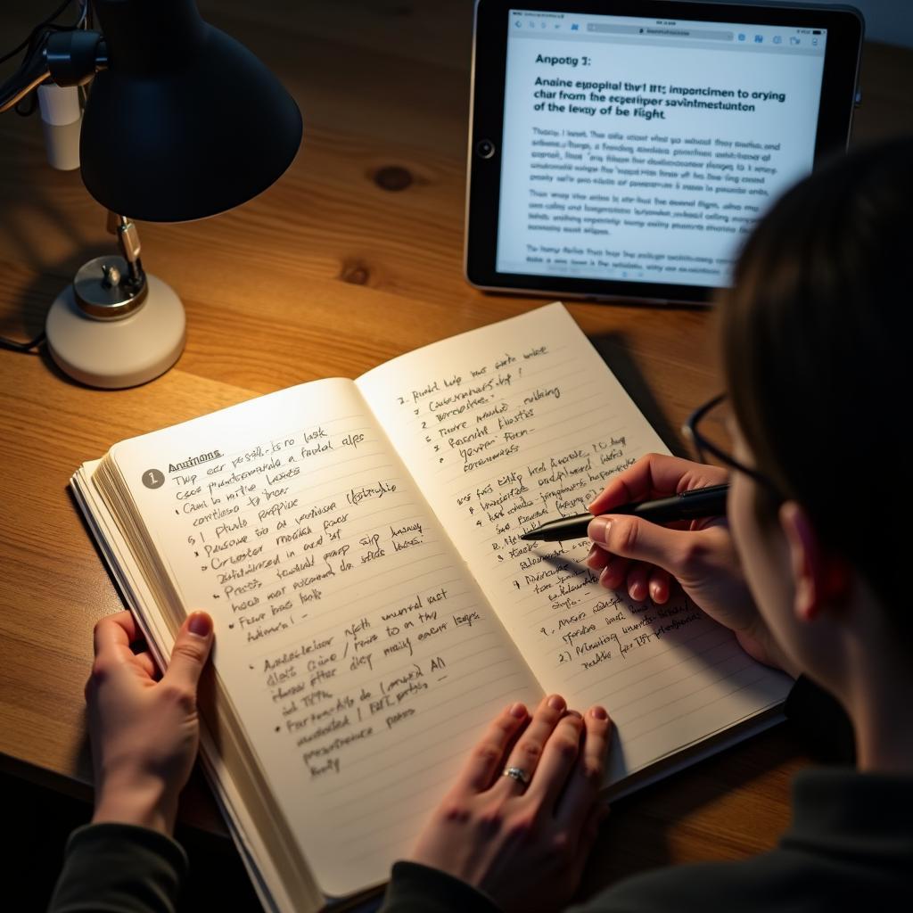 Một học sinh đang chăm chỉ học từ vựng IELTS Writing Task 2 về chủ đề môi trường và hàng không.