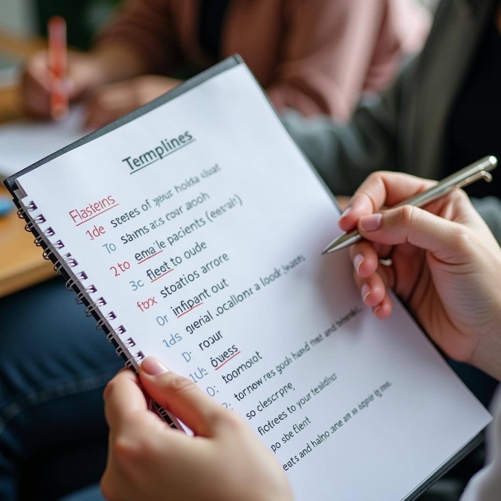 Học viên IELTS đang ghi chú chuẩn bị cho phần thi Speaking Part 2 với cue card về chủ đề giáo viên