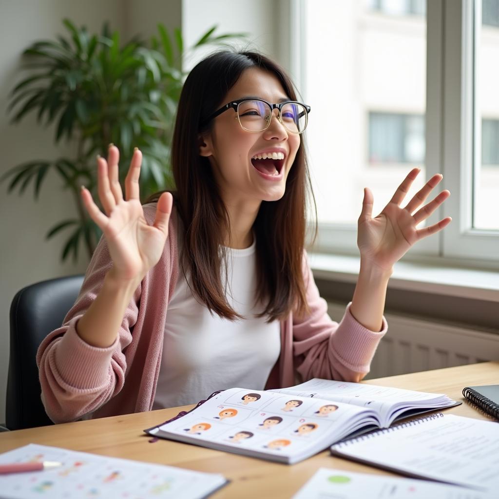 Học viên IELTS đang luyện tập kỹ năng speaking về chủ đề cảm xúc phấn khích với giáo viên