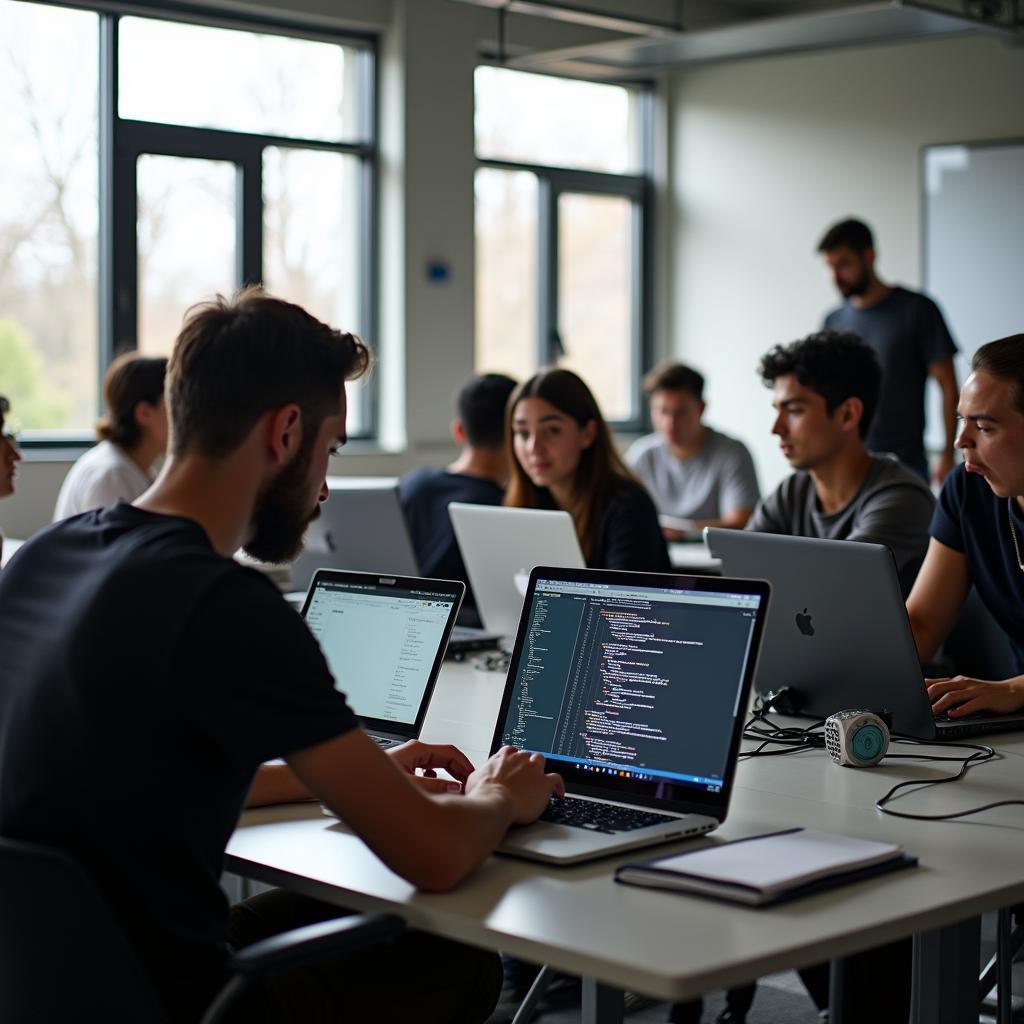 Học viên coding bootcamp thực hành lập trình trong lớp học hiện đại với nhiều màn hình máy tính