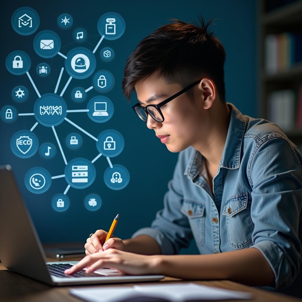 Một học viên IELTS đang tập trung viết bài luận về an ninh số, áp dụng các cấu trúc ngữ pháp nâng cao.