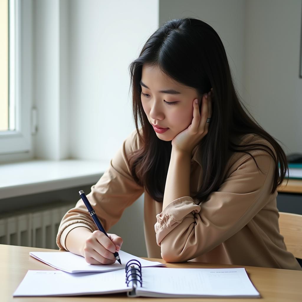 Học viên IELTS đang ghi chú chuẩn bị cho phần thi Speaking Part 2 trong 1 phút