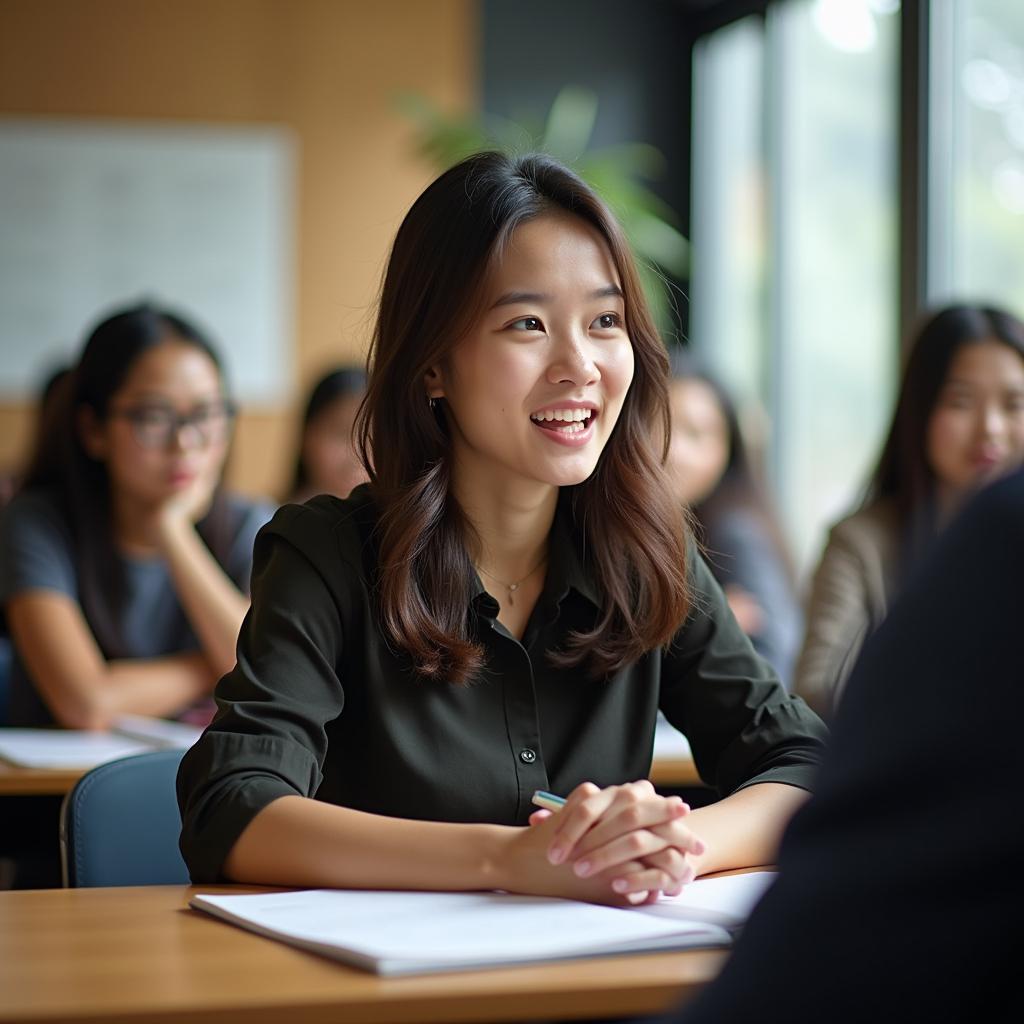 Học viên IELTS đang luyện tập phần thi Speaking với chủ đề lòng tốt và sự tử tế trong lớp học chuyên nghiệp