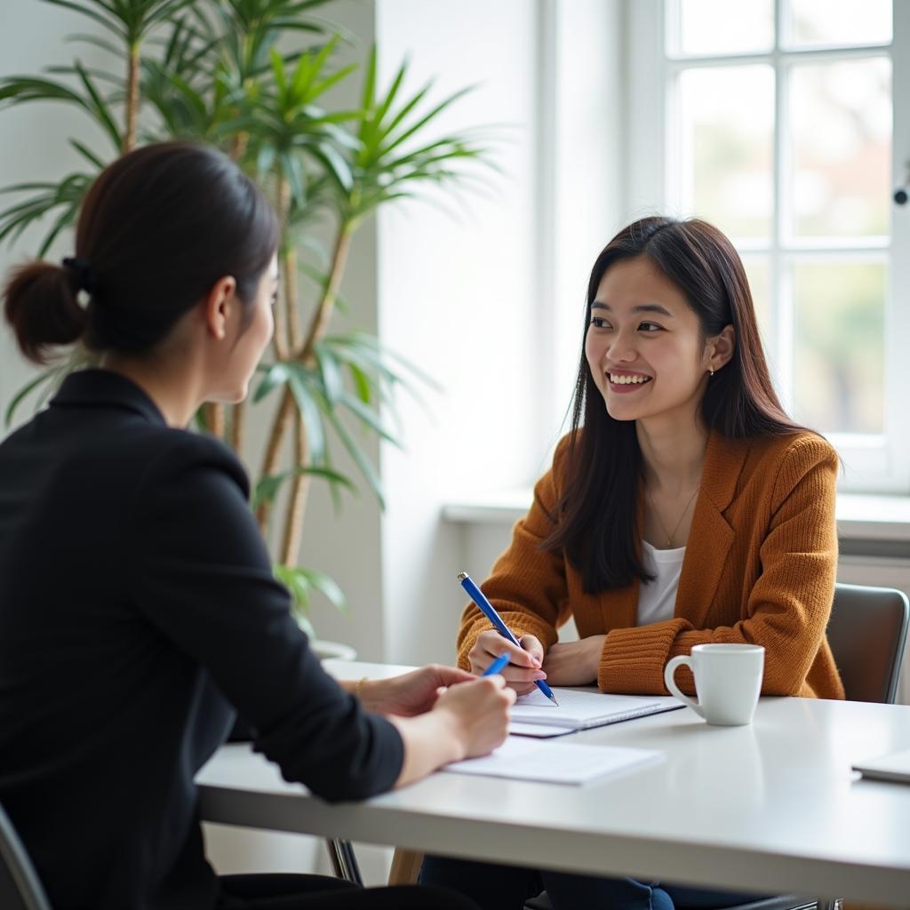 Học viên IELTS đang luyện tập phần Speaking Part 1 với giáo viên về chủ đề người đáng tin cậy