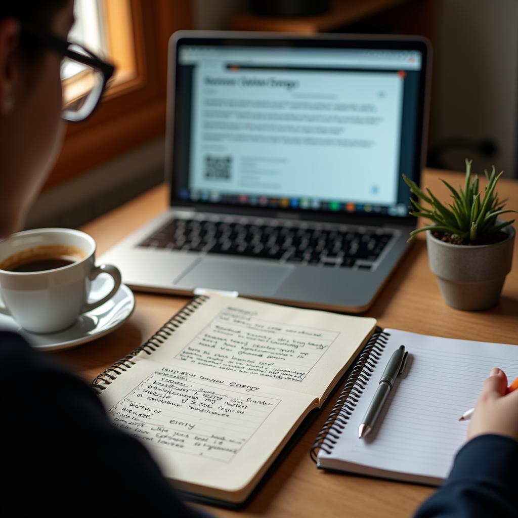 Một học viên IELTS đang chăm chỉ luyện viết và học từ vựng về chủ đề năng lượng tái tạo toàn cầu.