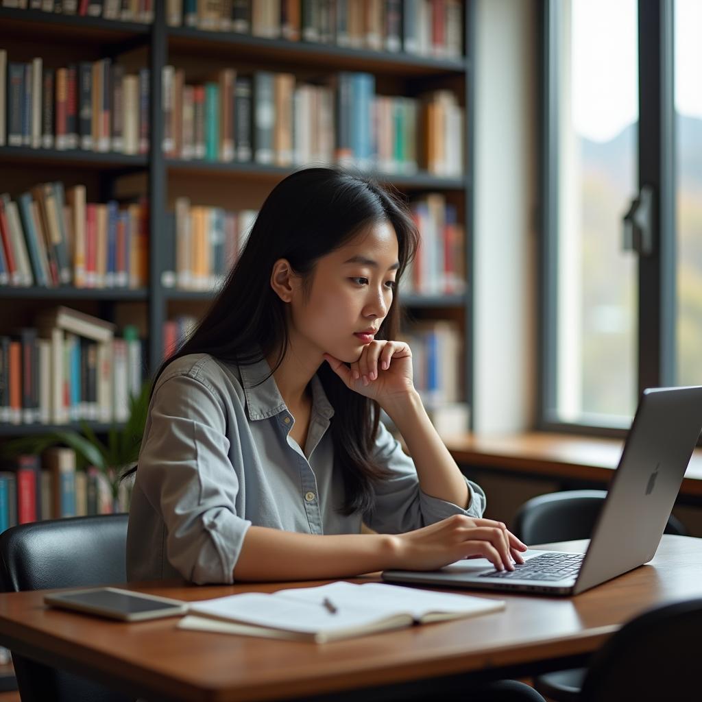 Học viên IELTS đang luyện viết bài về bảo tồn văn hóa trong thư viện hiện đại