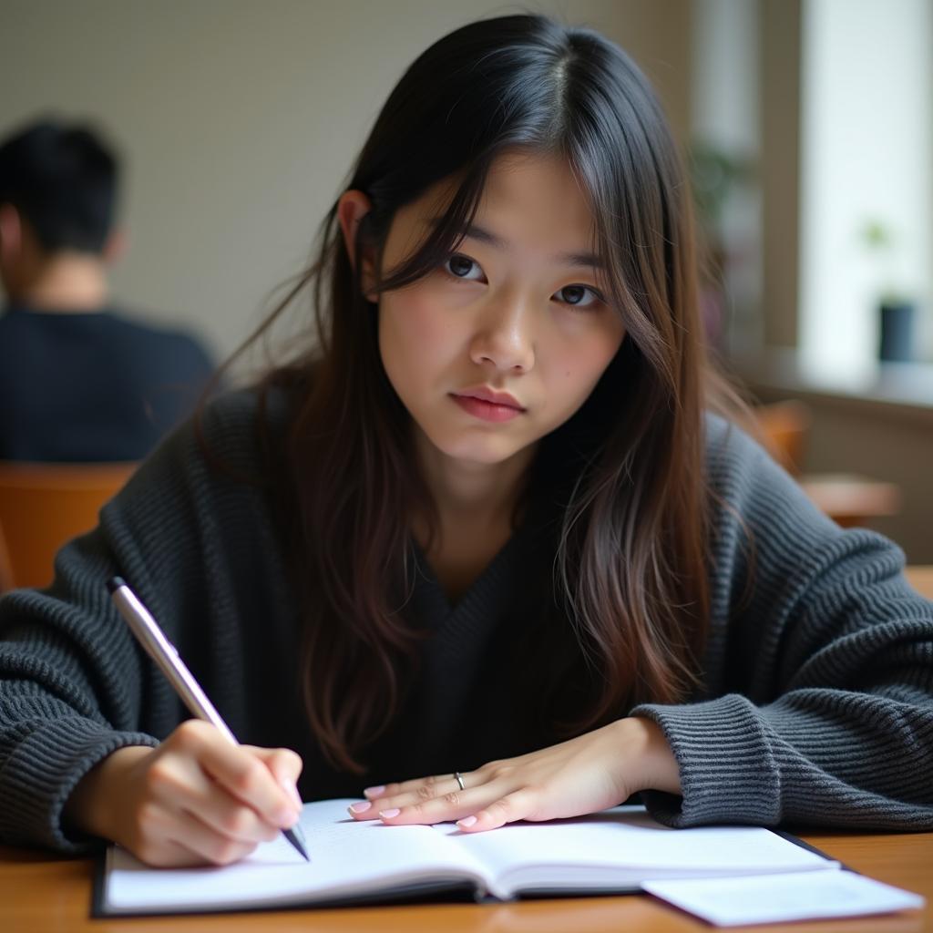 Học viên IELTS Speaking đang chuẩn bị ghi chú cho phần thi Part 2 với giấy bút