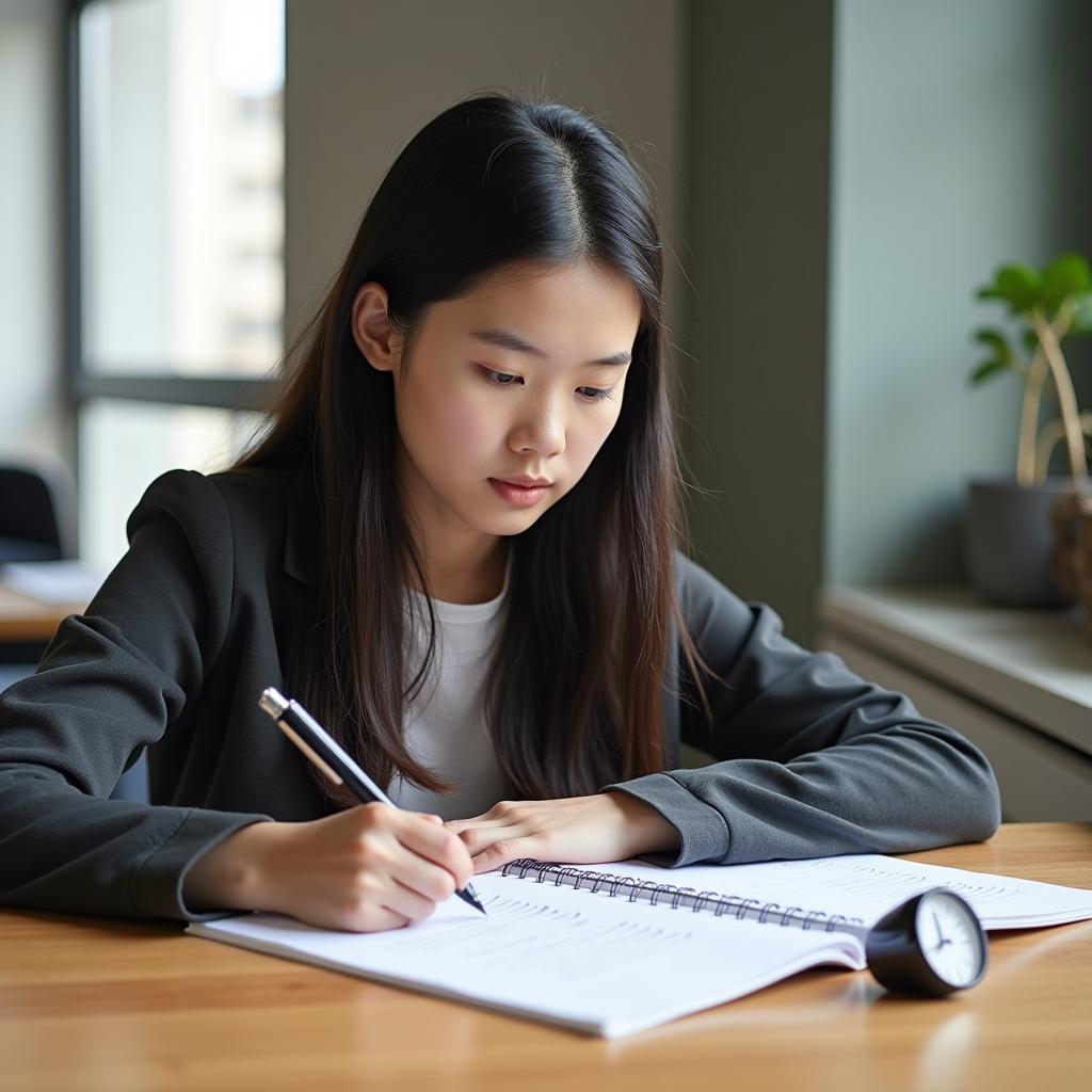 Học viên IELTS Speaking đang chuẩn bị bài nói Part 2 với giấy ghi chú từ khóa