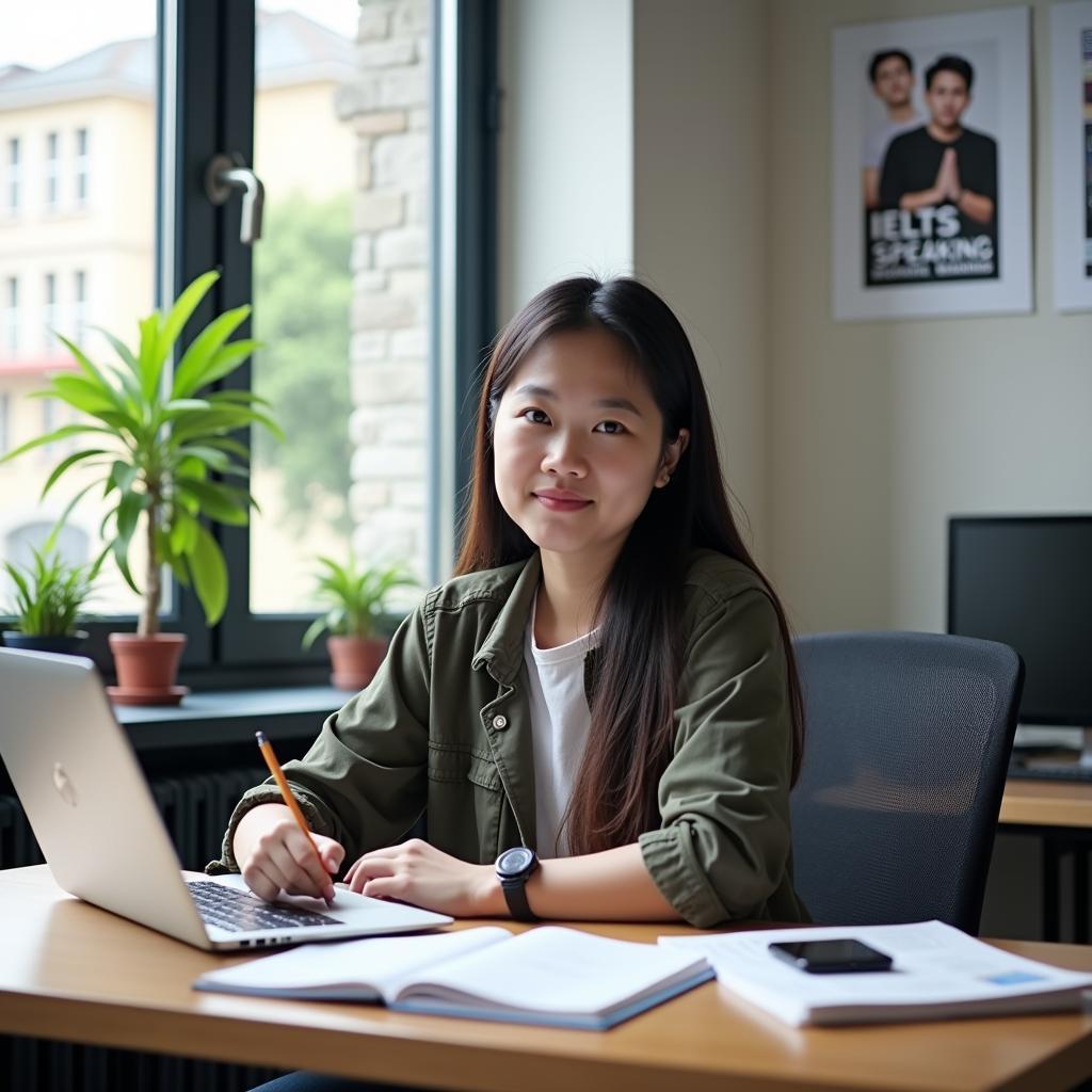 Học viên IELTS Speaking đang chuẩn bị cho đề thi về tin tức quan trọng với tài liệu và thiết bị công nghệ