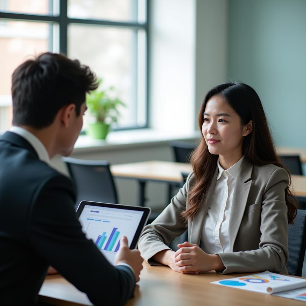 Học viên IELTS Speaking đang luyện tập chủ đề kinh tế với giáo viên