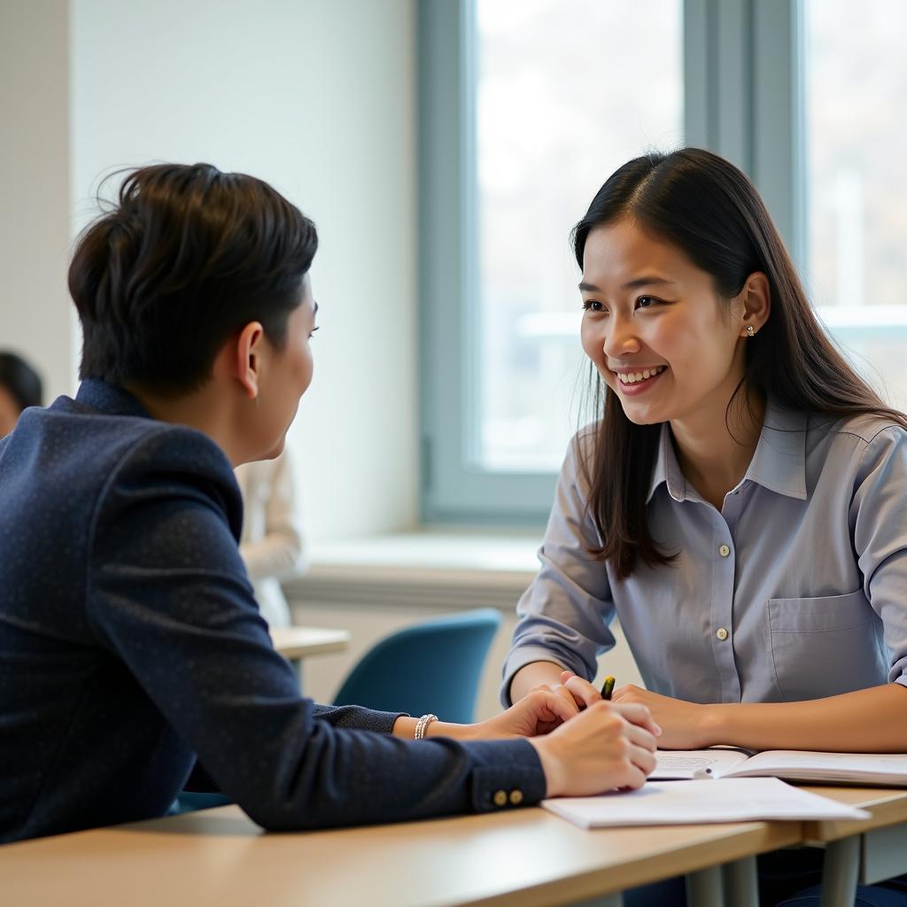 Học viên IELTS Speaking Part 1 thực hành trả lời câu hỏi về sáng tạo với giáo viên