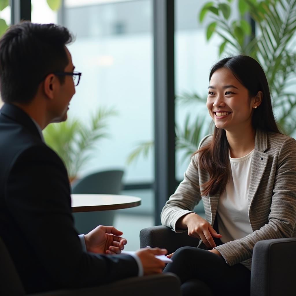 Học viên đang luyện tập IELTS Speaking Part 1 với giám khảo trong phòng thi mô phỏng