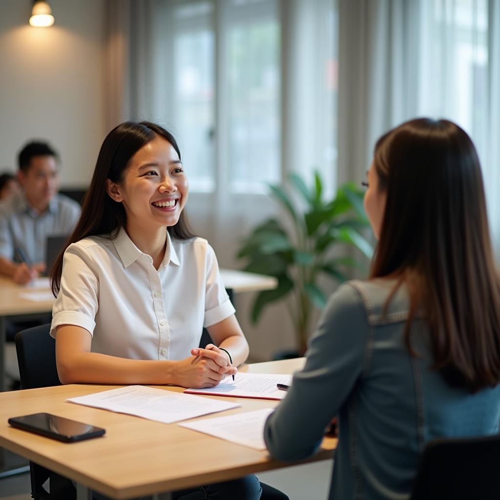 Học viên tự tin trả lời câu hỏi IELTS Speaking Part 1 về thành tựu cá nhân với giám khảo