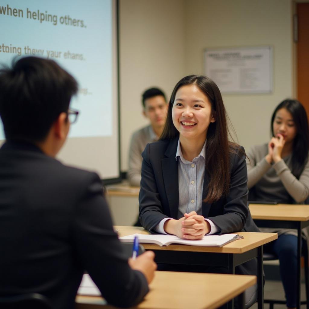 Học viên IELTS Speaking Part 1 tự tin trả lời các câu hỏi về chủ đề giúp đỡ người khác và nhận hỗ trợ