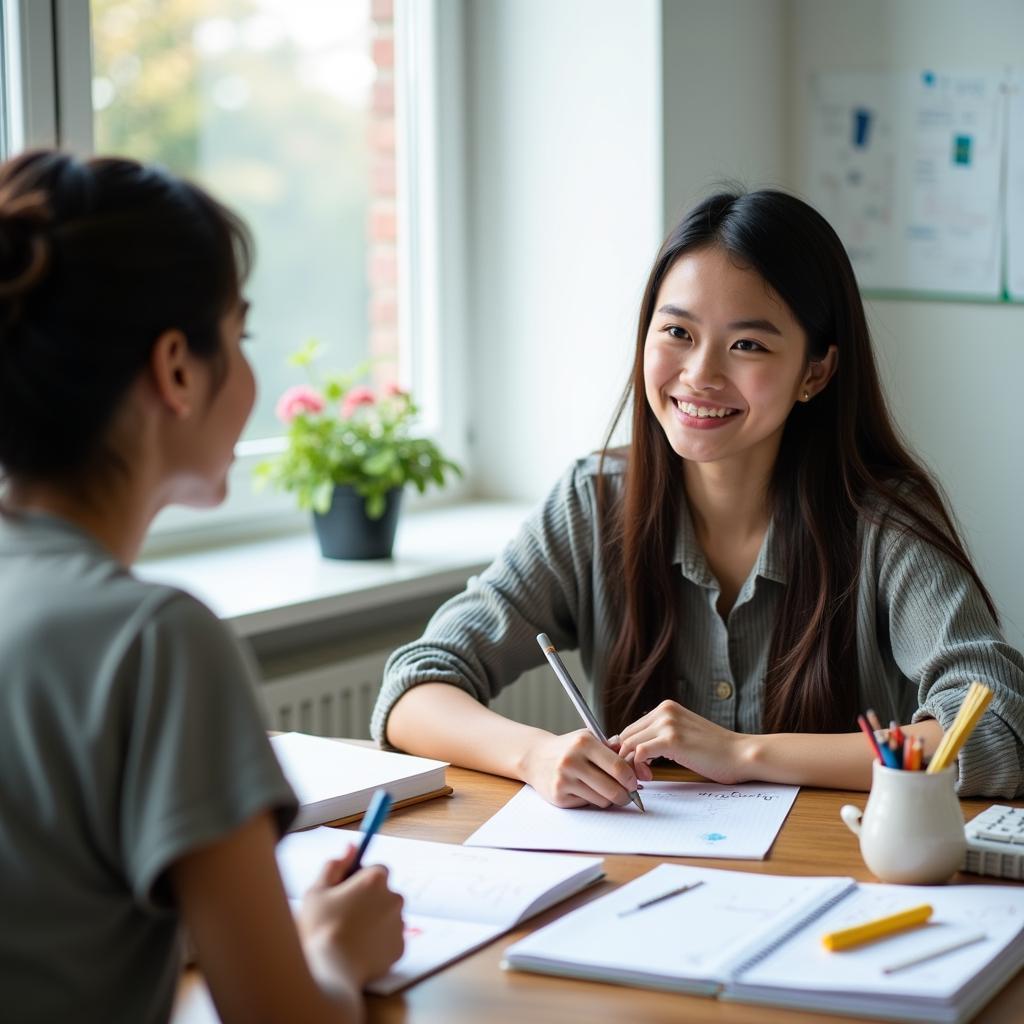 Học viên đang luyện tập IELTS Speaking Part 1 về chủ đề sáng tạo với giáo viên