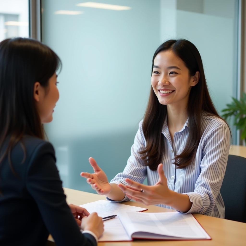 Học viên IELTS Speaking tự tin trả lời câu hỏi về thử thách với giám khảo trong phòng thi chuyên nghiệp