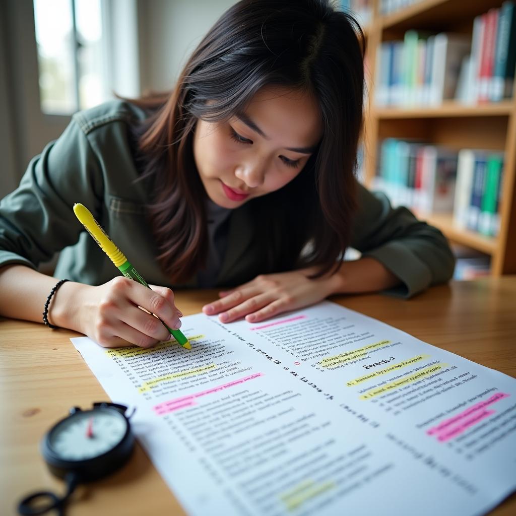 Học viên đang làm bài thi IELTS Reading với kỹ thuật scanning và skimming để tìm đáp án