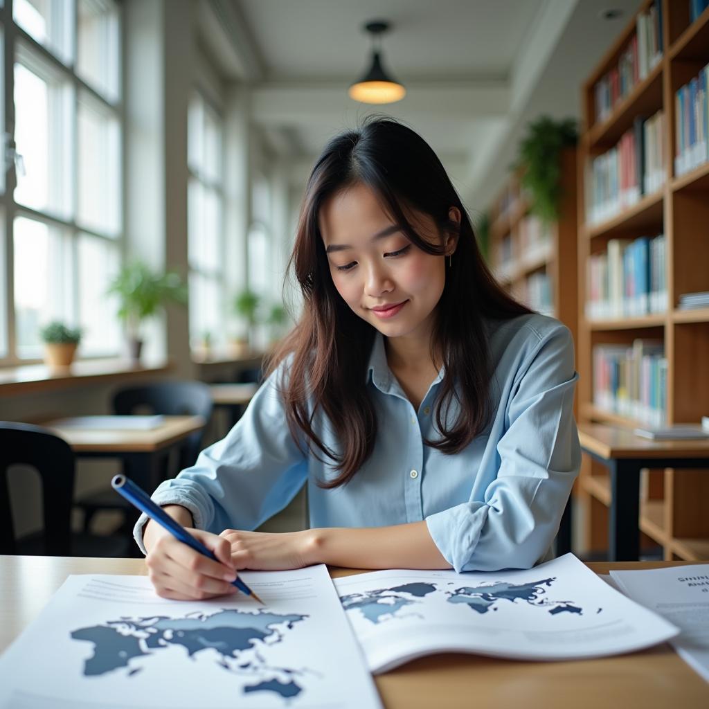 Học viên luyện IELTS Reading về năng lượng tái tạo và quyền lực toàn cầu tại thư viện