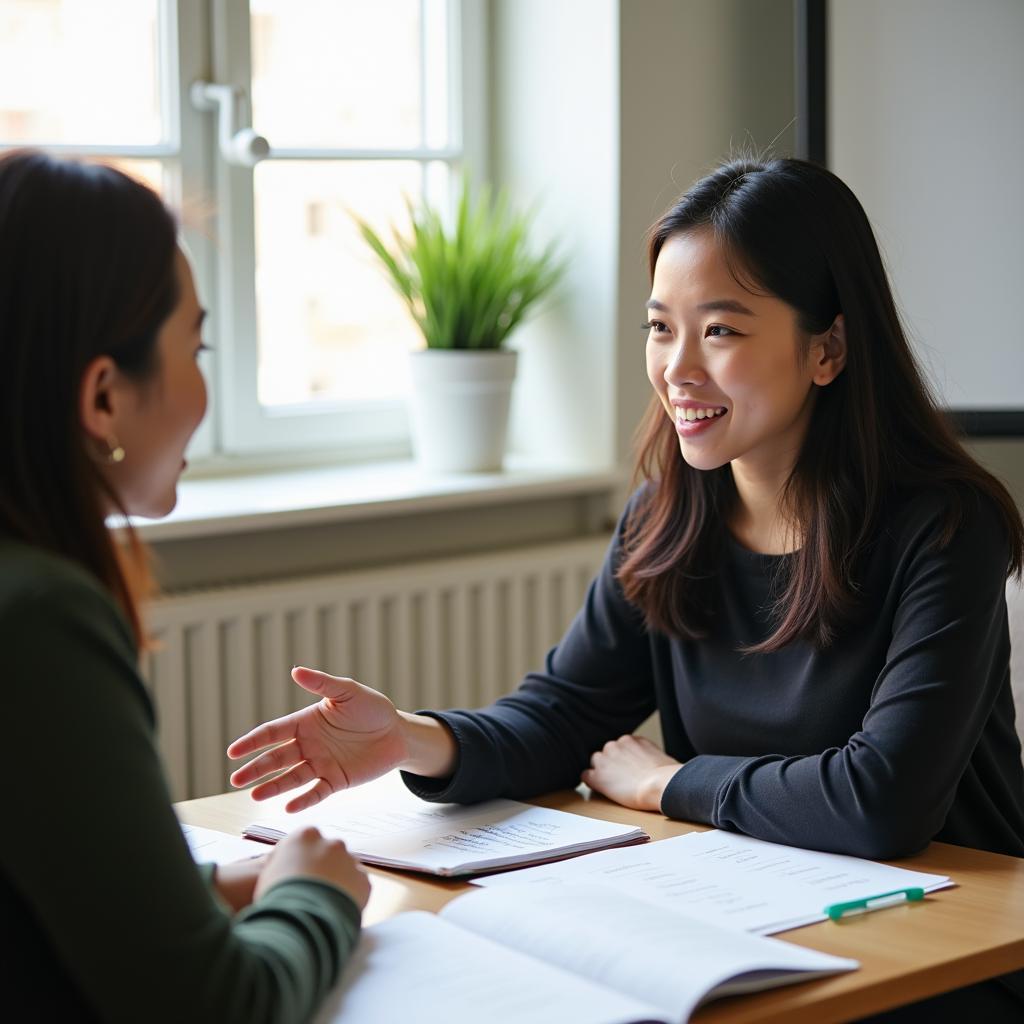 Học viên đang luyện tập trả lời câu hỏi IELTS Speaking Part 1 về chủ đề kể chuyện với giáo viên